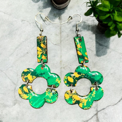 Green and Yellow Abstract Paint Splatter Recycled Chipboard Earrings