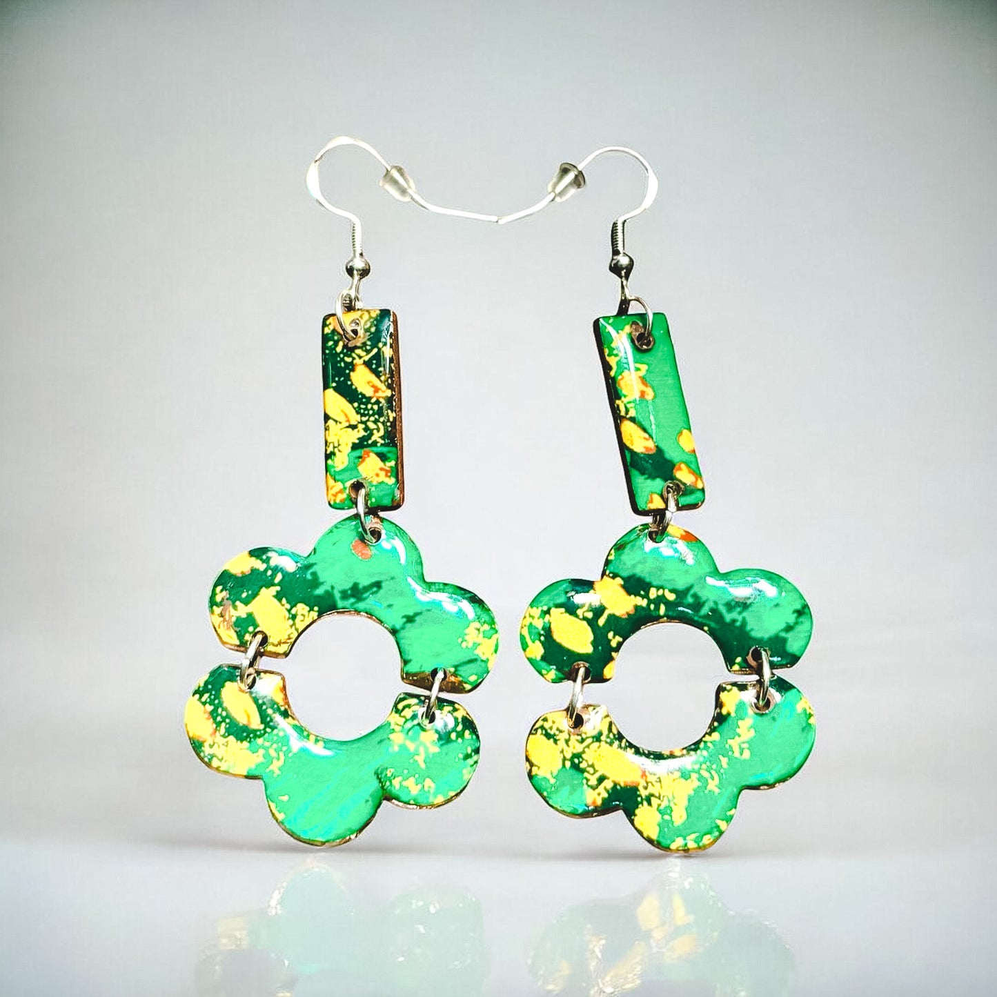 Green and Yellow Abstract Paint Splatter Recycled Chipboard Earrings