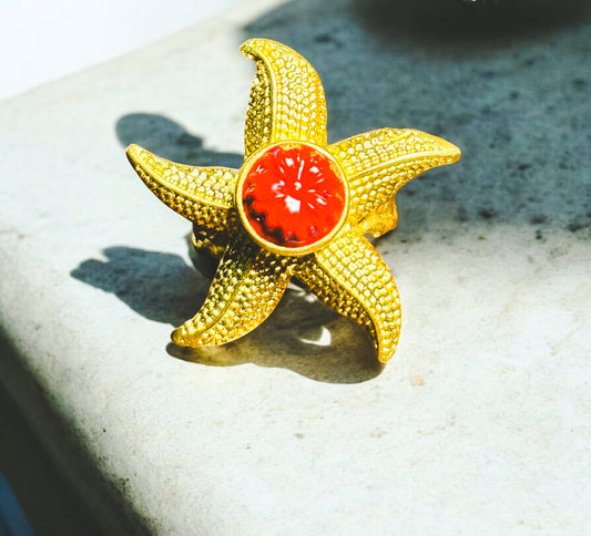 Gold Tone Starfish Ring With Floral Inlay