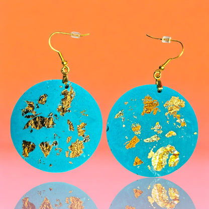 Turquoise Round Cement Earrings w/Variegated Gold Flakes