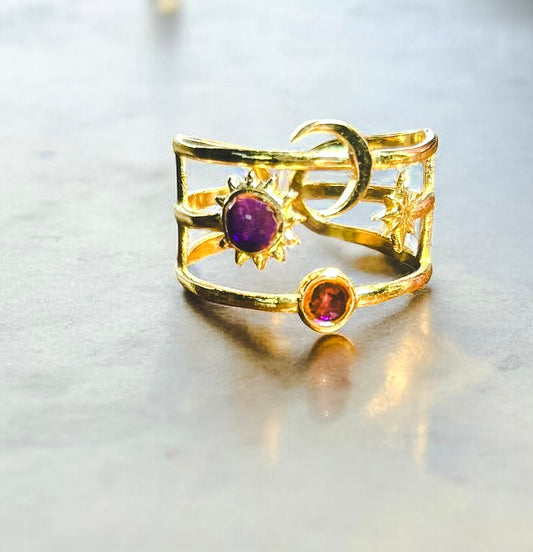 Gold Tone Sun and Moon  Cement Inlay Adjustable Ring