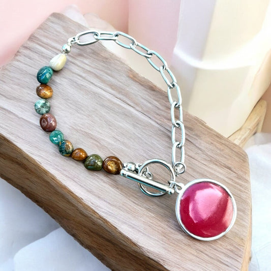 Stainless Steel Cement Cabochon Bracelet w/ Natural Stones- Ruby