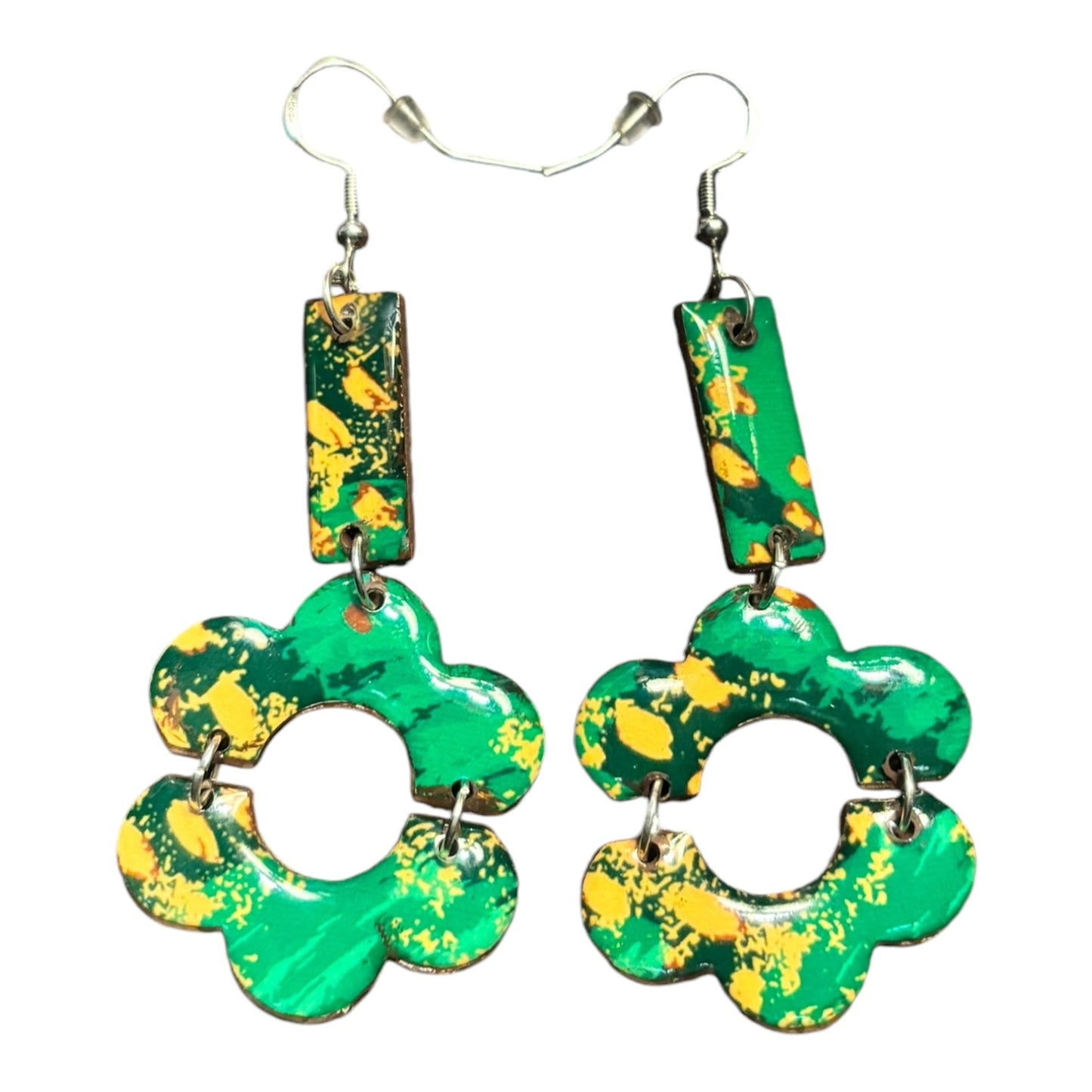 Green and Yellow Abstract Paint Splatter Recycled Chipboard Earrings