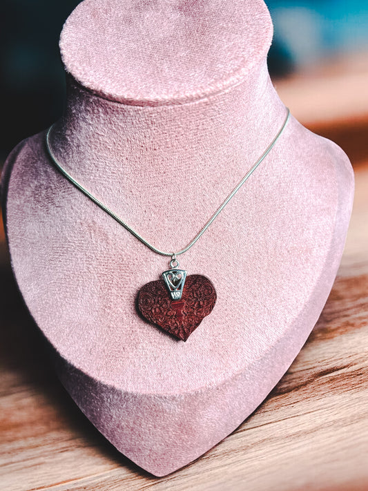 African Paduka  Etched Heart Necklace w/ 925 Sterling Silver Chain