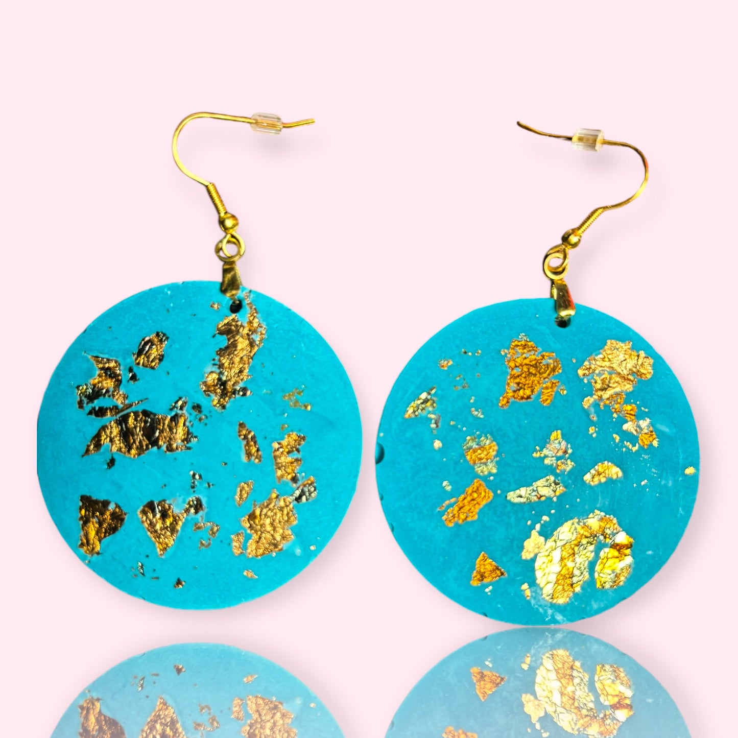 Turquoise Round Cement Earrings w/Variegated Gold Flakes