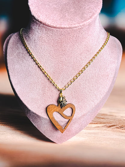 Chery Wood Heart on Gold Filled Chain W/ Flower Charm