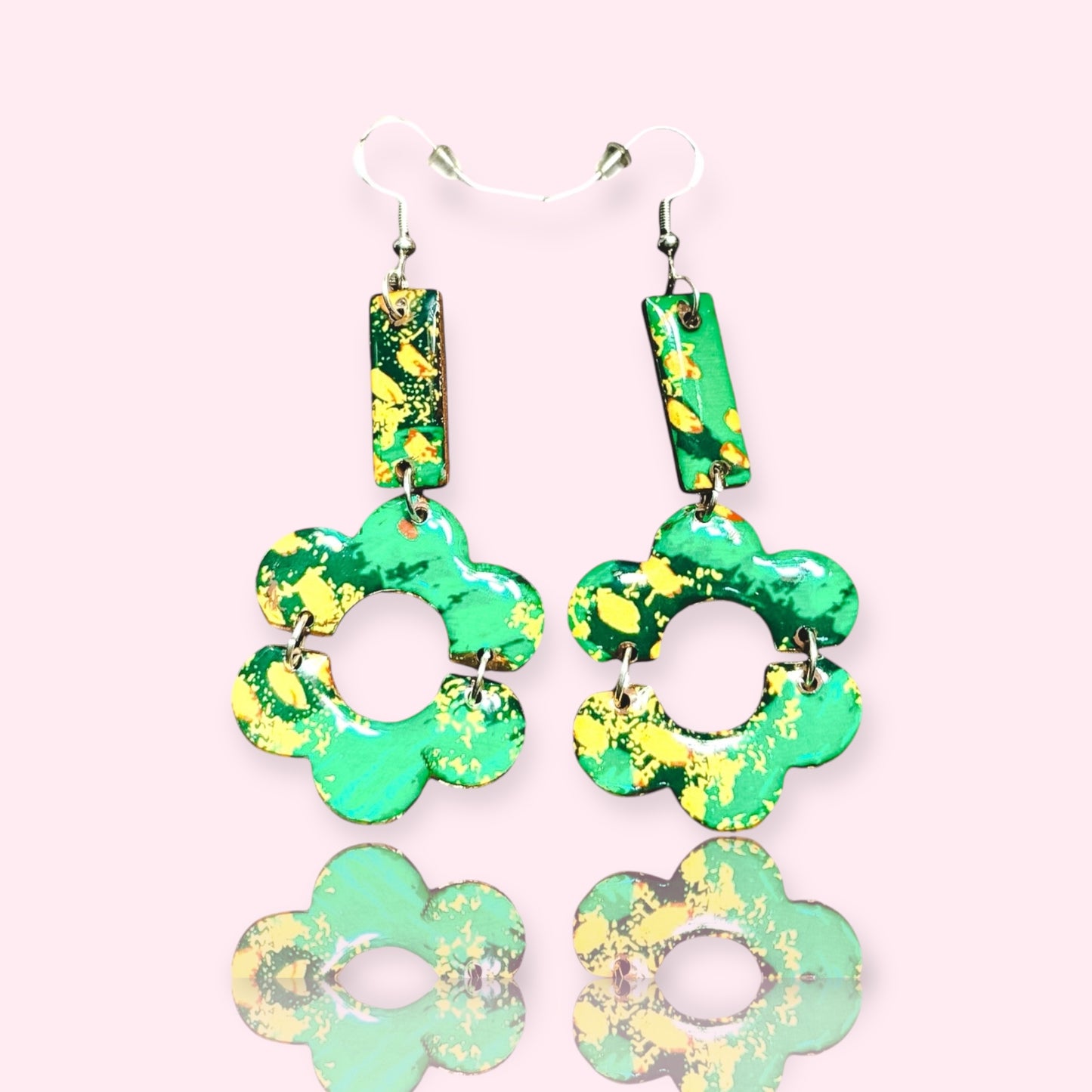 Green and Yellow Abstract Paint Splatter Recycled Chipboard Earrings