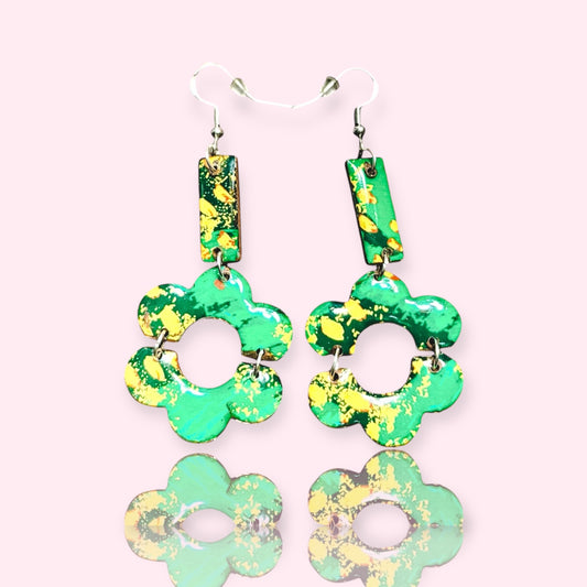 Green and Yellow Abstract Paint Splatter Recycled Chipboard Earrings