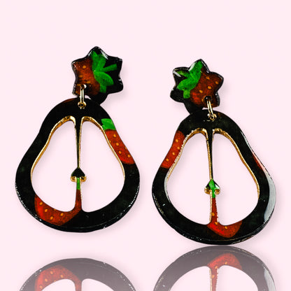 Black & Gold Strawberry Printed Pear Shape Earrings