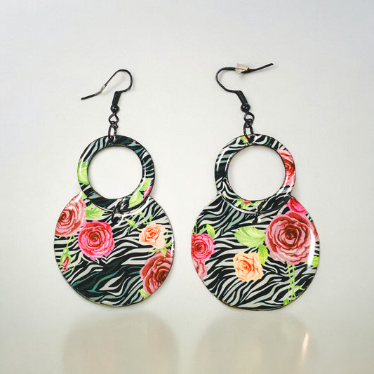 Black Zebra & Flower Pattern Round Drop Recycled Earrings