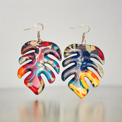 Vibrant Floral Pattern Monstera Leaf Earrings