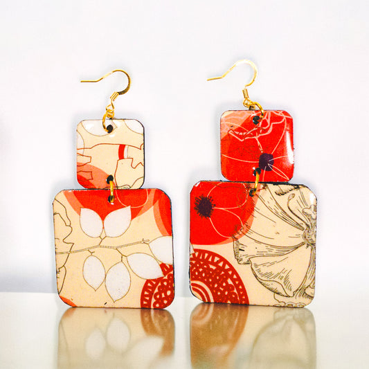 Cream & Orange Double Square Floral Recycled Earrings
