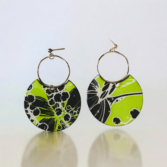 Chartreuse & Granite Round Recycled Earring with Open Circle Tab
