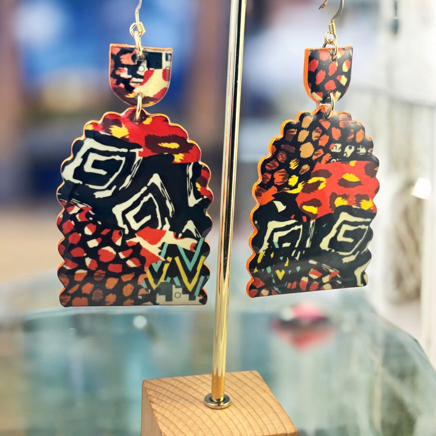 Orange and Black Tribal Scallop Earrings