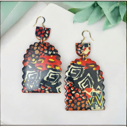 Orange and Black Tribal Scallop Earrings