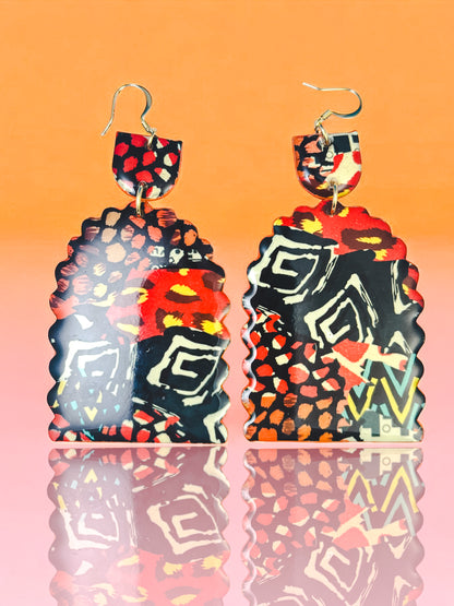 Orange and Black Tribal Scallop Earrings