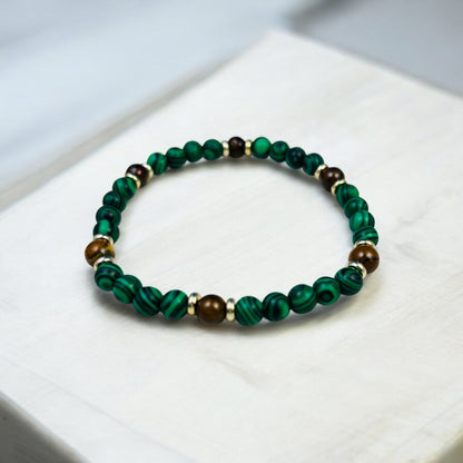 Hand Strung Malachite & Tiger’s Eye Natural Stone Stretch Bracelet