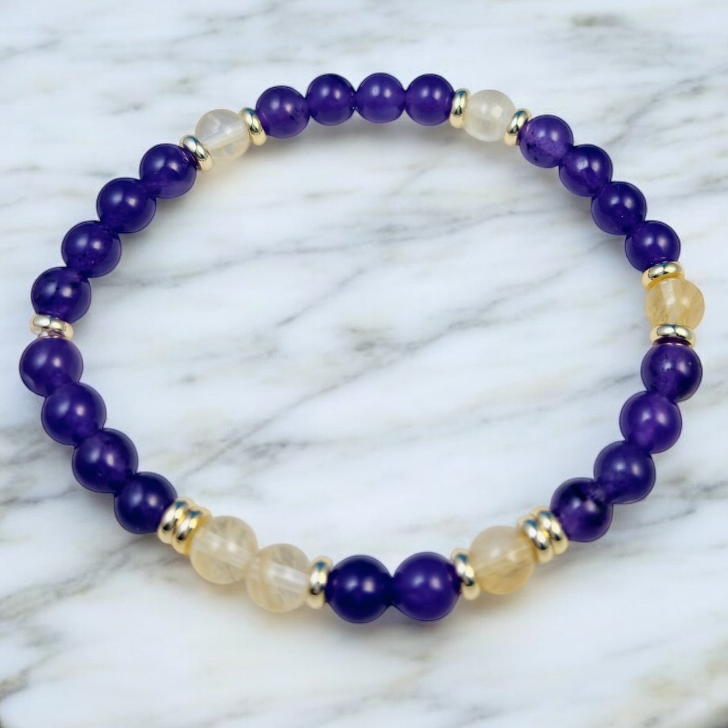 Hand Strung Amethyst & Citrine Natural Stone Stretch Bracelet