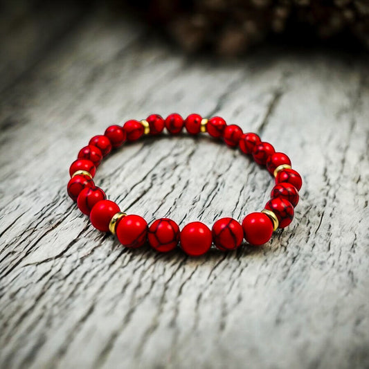 Hand Strung Natural Red Turquoise Stone Stretch Bracelet