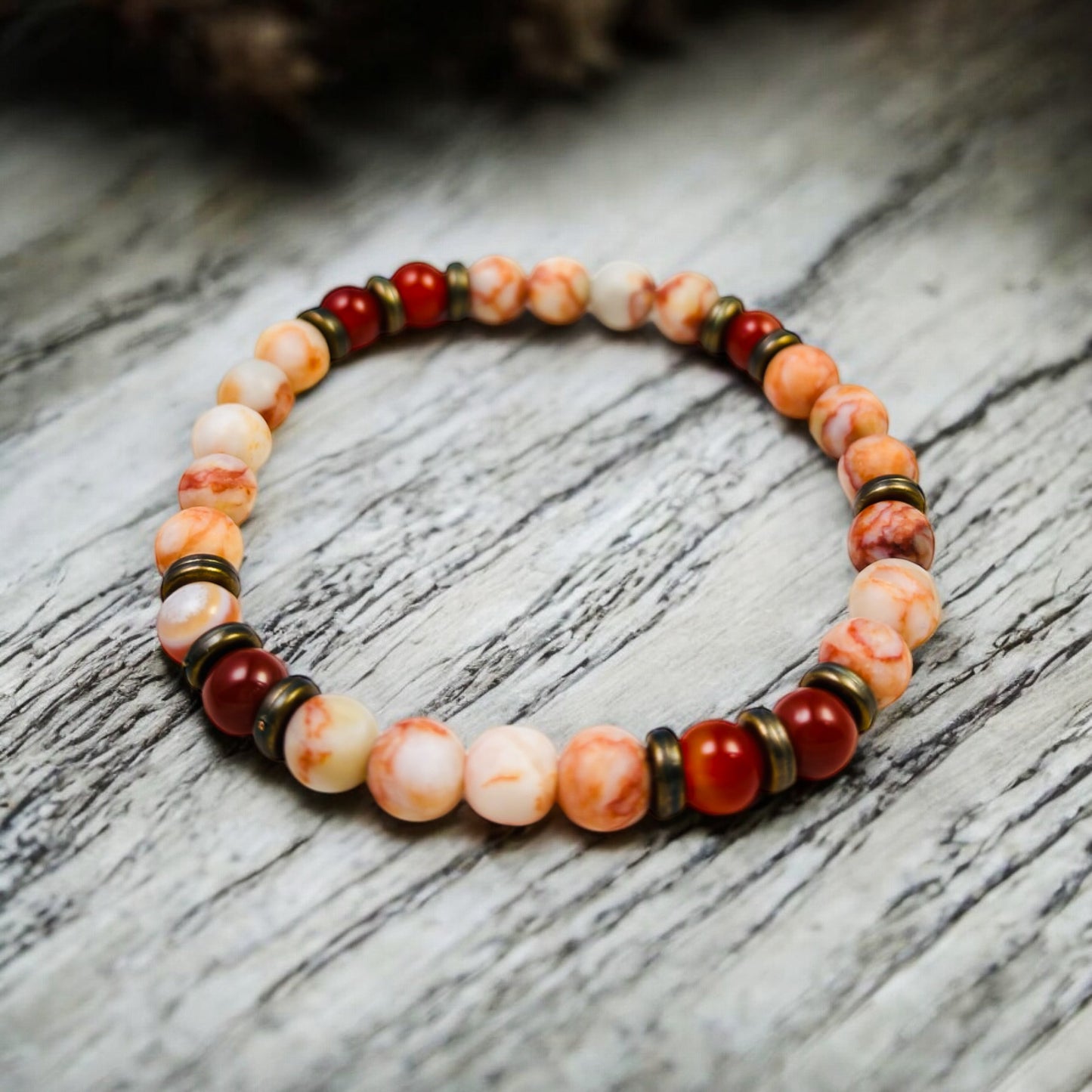 Hand Strung Natural Gemstone Red Jasper & Carnelian Stretch Bracelet