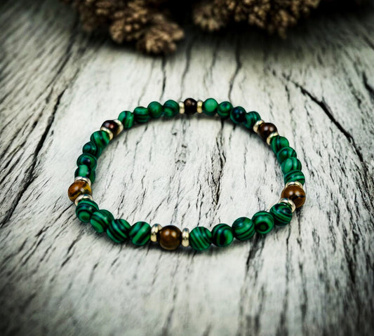 Hand Strung Malachite & Tiger’s Eye Natural Stone Stretch Bracelet